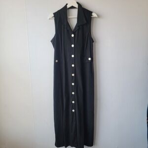 Erika womens Linen Blend Black Mother Of Pearl Midi Dress Size M sleeveless